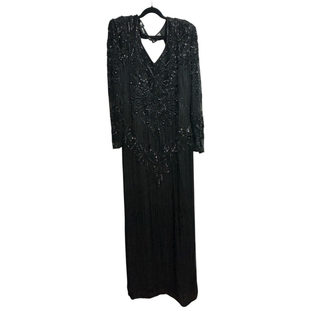 Vintage Right Choice Silk Beaded Gown Black Evening Dress 1980s Made in India